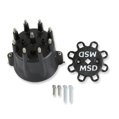 Dist Cap, Black Chevy V8, HEI, Retainer - MSD Distributor Cap - V8 - HEI Terminals - Black - Spark Plug Wire Retainer