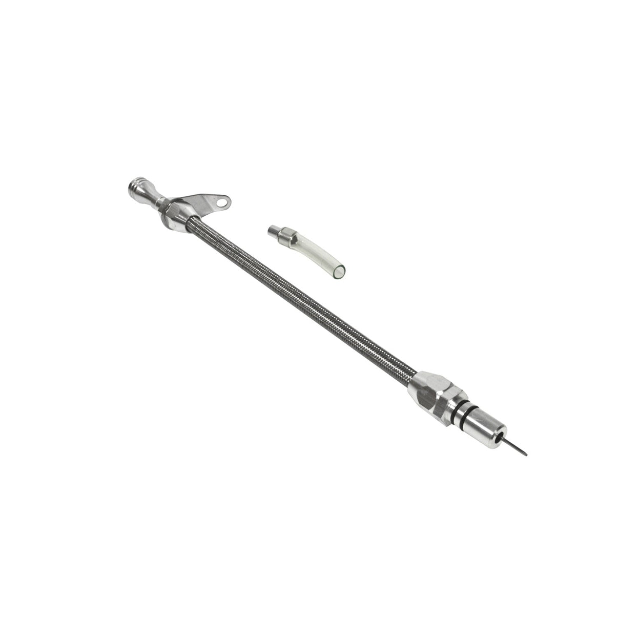 B&M Auto Transmission Dipstick & Tube - Billet Aluminum/Stainless Steel Braided - Photo - out of package Left