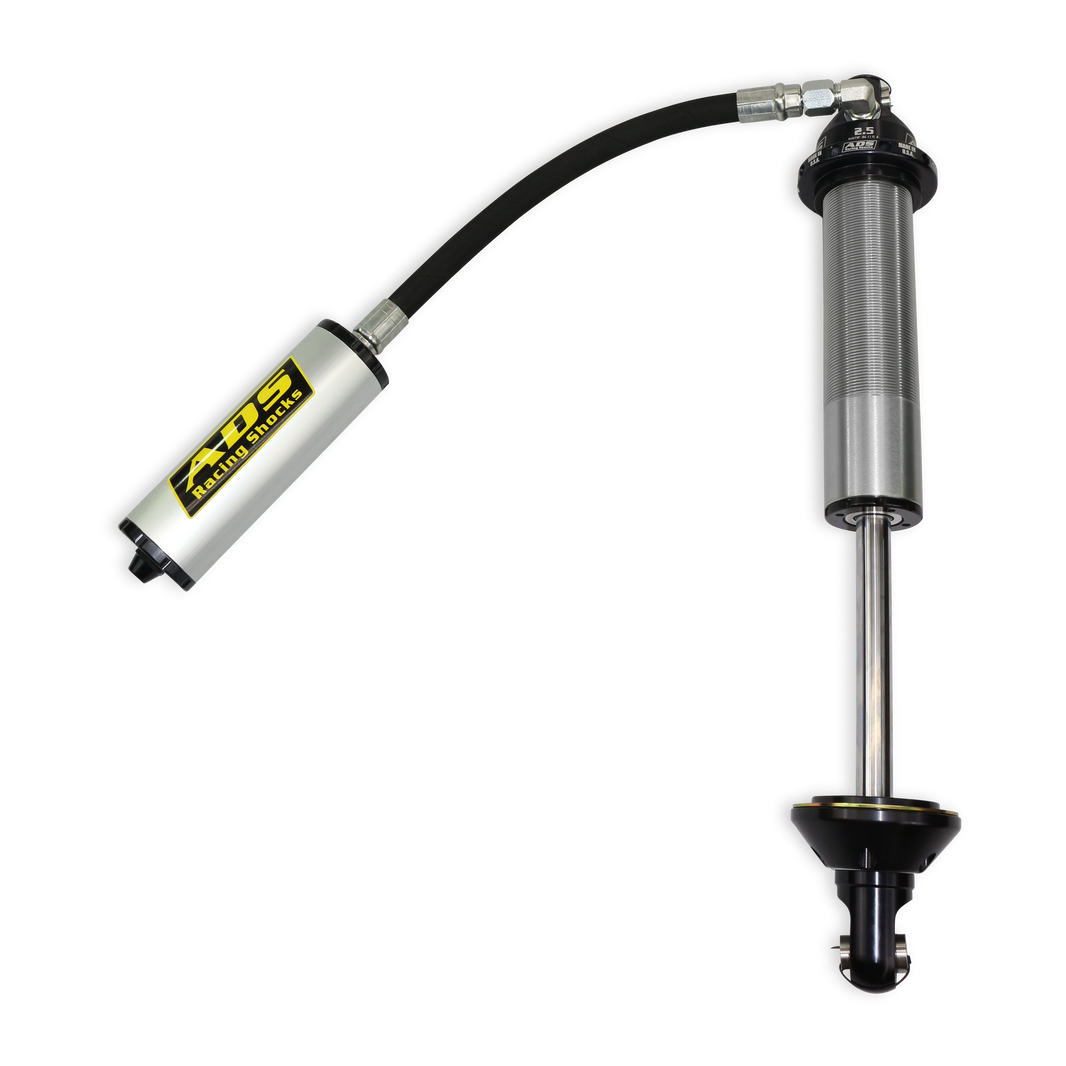 Amortisseur à ressort hélicoïdal réglable ADS Race 2,5" avec réservoir ajustable, coude à 90° et embout de tige allongé. Tuyau 2,5" x 8" CO RemRes, flexible 90°, embout de tige allongé.