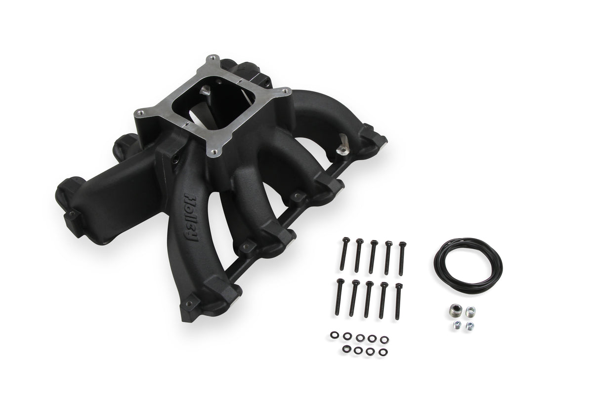 Holley Single Plane Split-Design Race Intake Manifold- GM LS1/LS2/LS6- Black - Photo - out of package Front