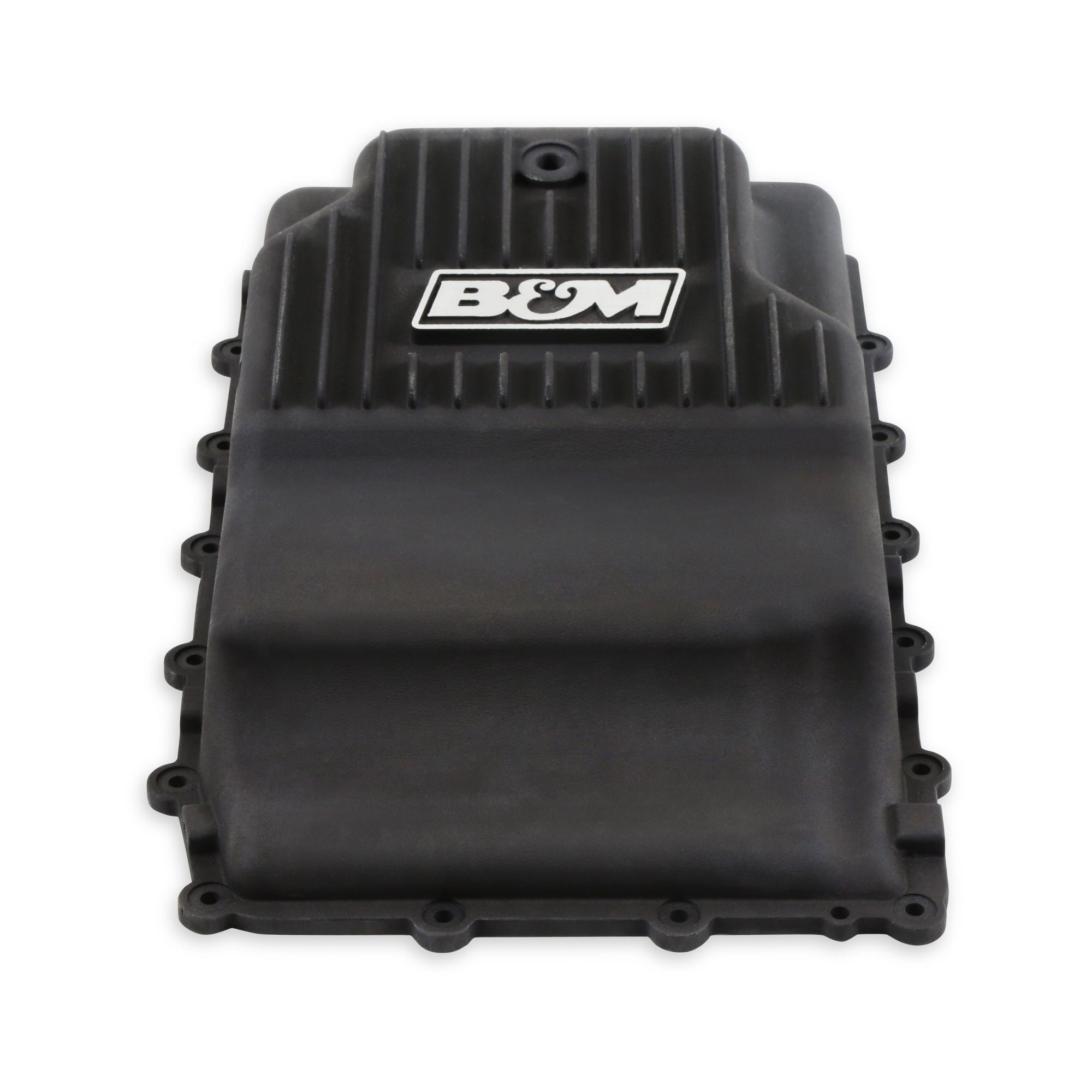 B&M Hi-Tek Heavy-Duty Deep Transmission Pan -  Ford 10R80 - Aluminum - Black - Photo - Close Up Angle
