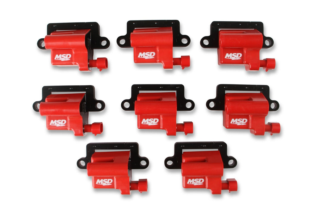 Bobines d'allumage MSD pour camions GM série L (1999-2009), lot de 8, compatibles avec la gamme GM LS Blaster et les moteurs de camions série L. Couleur : rouge.