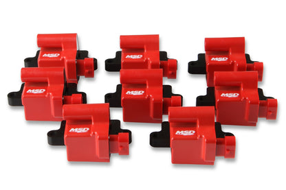 Bobines d'allumage MSD pour camions GM série L (1999-2009), lot de 8, compatibles avec la gamme GM LS Blaster et les moteurs de camions série L. Couleur : rouge.