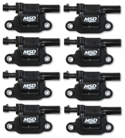 Bobines d'allumage MSD Blaster Series pour moteurs GM V8 de 5e génération (à partir de 2014), format carré, noires, lot de 8. Compatibles avec les moteurs GDI de 5e génération.