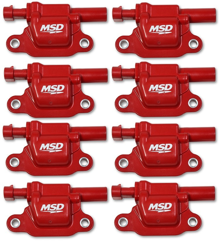 Bobines d'allumage MSD Blaster Series pour moteurs GM V8 de 5e génération (à partir de 2014), format carré, rouges, lot de 8. Compatibles avec les moteurs GDI de 5e génération.