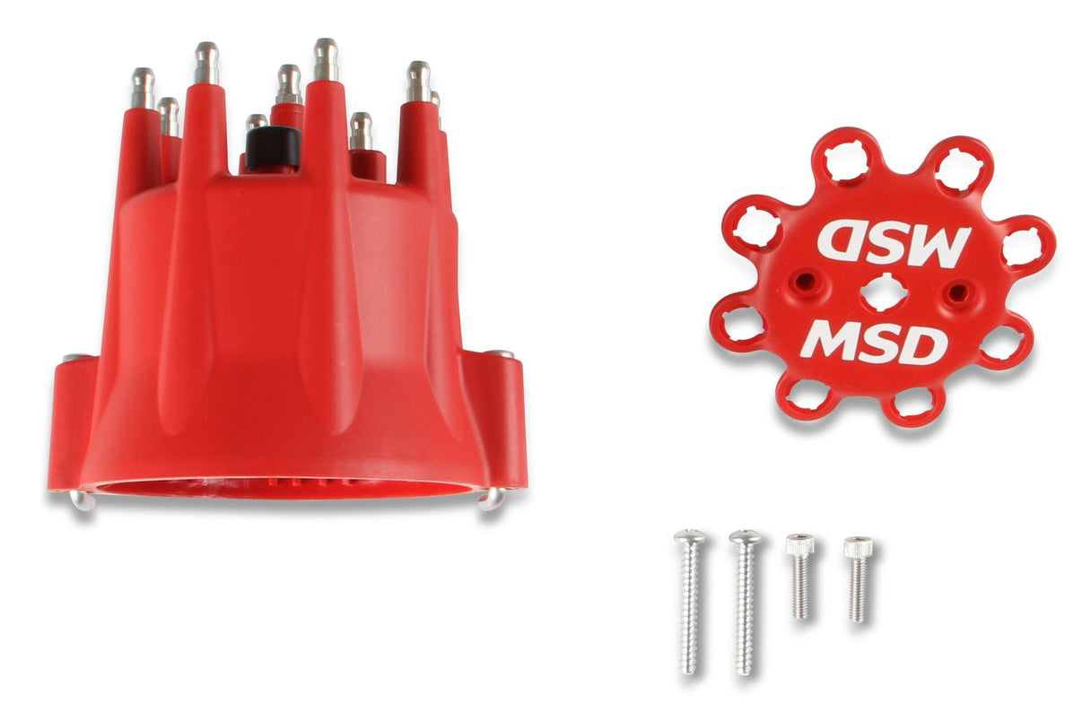 MSD Distributor Cap - V8 - HEI Terminals - Red - Spark Plug Wire Retainer - Photo - Primary Front