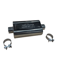 2-1/2" oval klemme i lyddæmper - 2-1/2" oval klemme i lyddæmper, 12" lang krop. Poleret rustfrit stål.