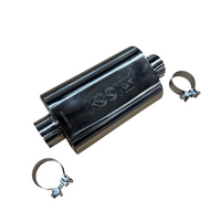 Silencieux ovale à collier de serrage de 3 pouces - Silencieux ovale à collier de serrage central de 3 pouces, corps de 12 pouces de long. Acier inoxydable poli.