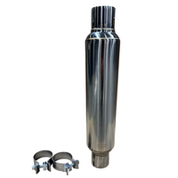 Silencieux en acier inoxydable avec collier de serrage rond de 2-1/2 po - Silencieux en acier inoxydable poli avec collier de serrage rond de 2-1/2 po et de 14 po de long.