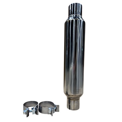 2-1/2" Round Clamp In Stainless Muffler - 2-1/2" Round Clamp In Muffler 14" Long. Polished Stainless Steel.