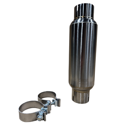 3" Round Clamp In Stainless Muffler - 3” Round Clamp In Muffler 10” Long Body.  Polished Stainless Steel.