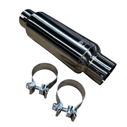 3" Round Clamp In Stainless Muffler - 3” Round Clamp In Muffler 10” Long Body.  Polished Stainless Steel.