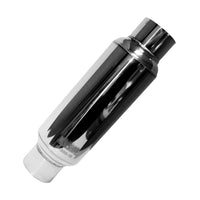 3-1/2" rund lyddæmper i rustfrit stål - 3-1/2” rund lyddæmper, 10” lang krop. Poleret rustfrit stål.