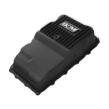 B&M Hi-Tek Heavy-Duty Deep Transmission Pan-GM 10L80- Aluminum-Black Anodized - Photo - Close Up Angle