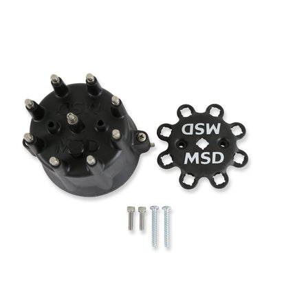 Dist Cap, Black Chevy V8, HEI, Retainer - MSD Distributor Cap - V8 - HEI Terminals - Black - Spark Plug Wire Retainer
